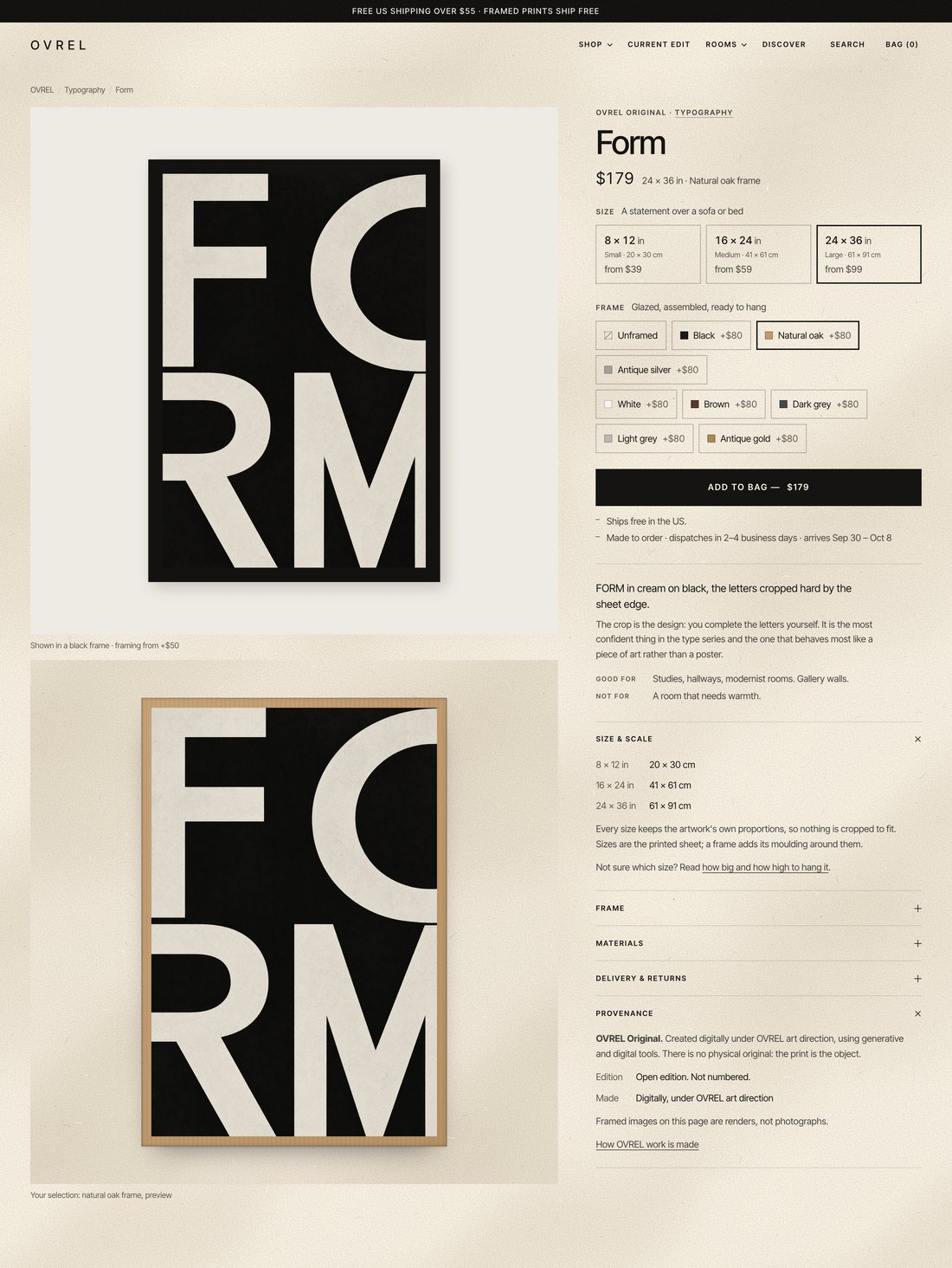 The Form product page on ovrel.co, top to bottom: the work in a black frame; the price, $179 for 24 × 36 in with a natural oak frame; three sizes; nine frame choices from unframed to antique gold; Add to bag; the description; the Size and scale panel open; the Provenance panel open, saying the work was created digitally under OVREL art direction and that framed images are renders; and a preview of the work in the natural oak frame.