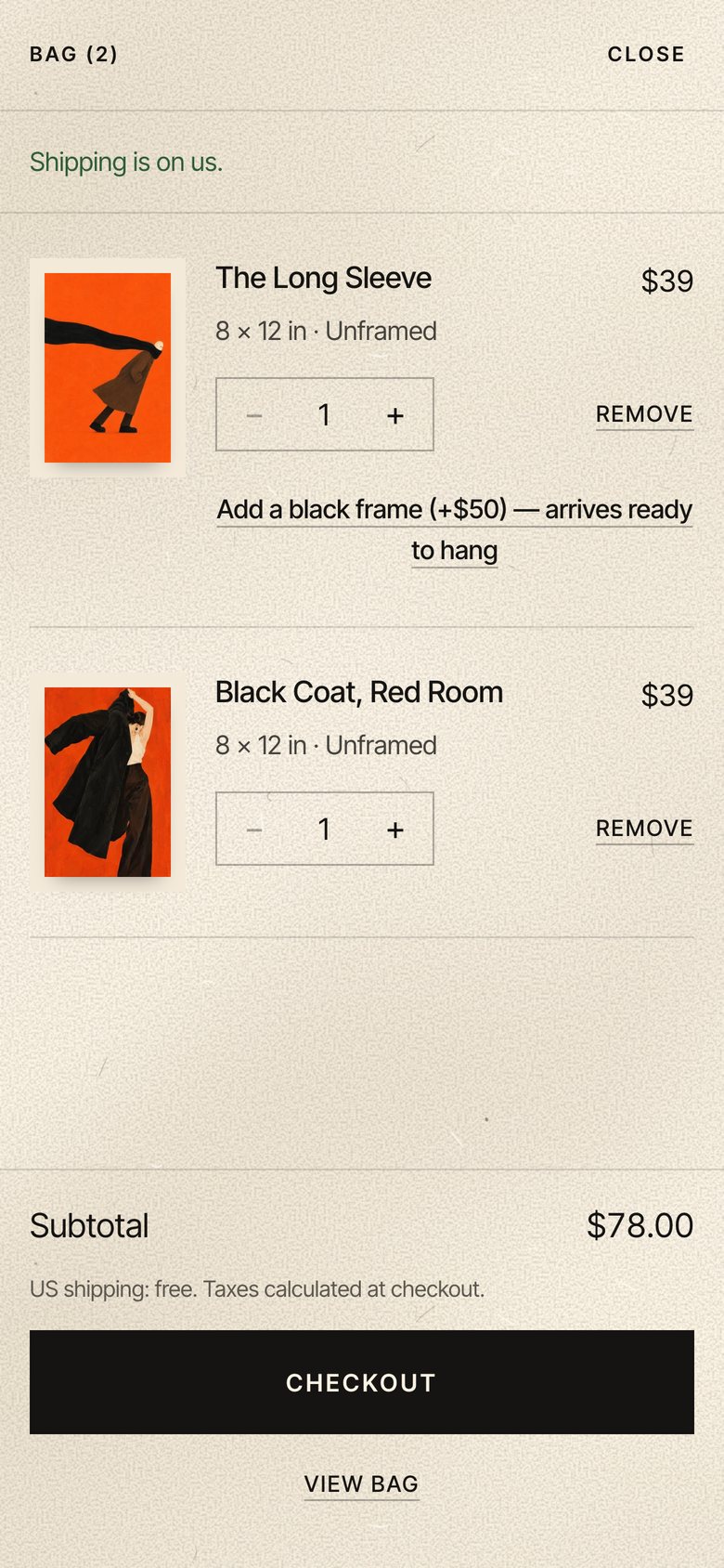 The bag on a phone after Add both: two prints, a $78 subtotal, free shipping and a Checkout button.