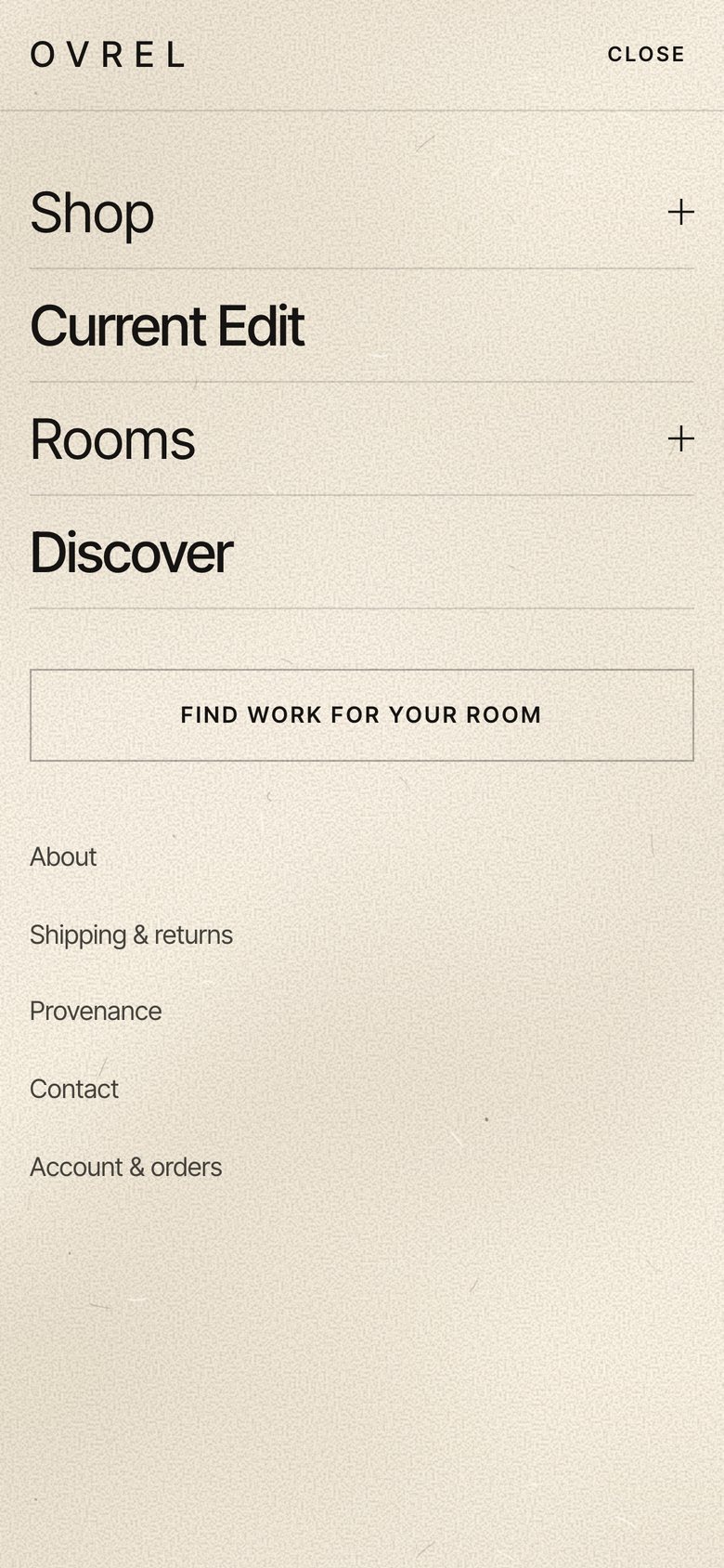 ovrel.co menu on a phone: Shop, Current Edit, Rooms and Discover, then a Find work for your room button.