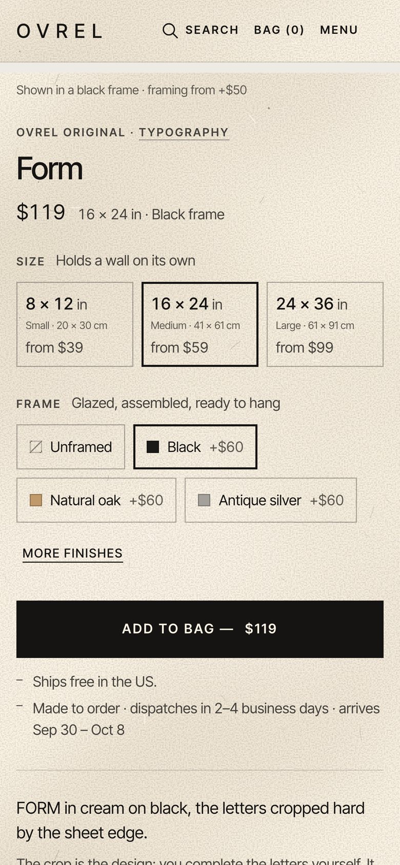 The Form product page on a phone with 16 × 24 in and a black frame selected: $119, with the Add to bag button.