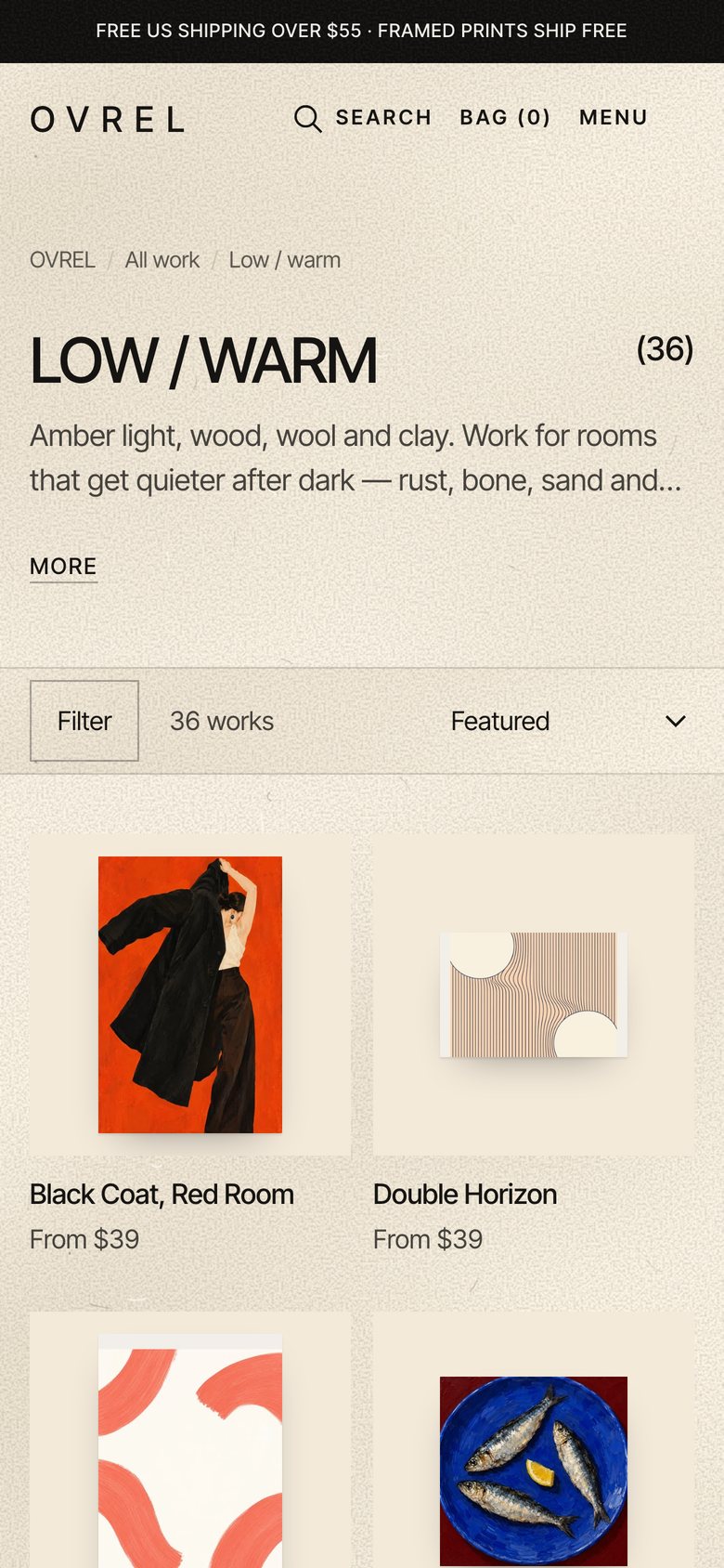 The Low / warm room on a phone: 36 works, a filter button and the first two works.