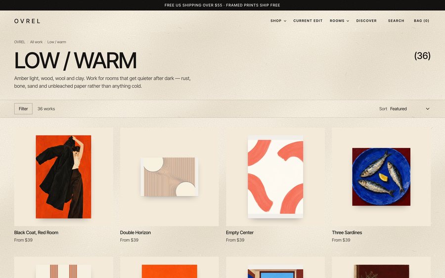 The Low / warm room page on ovrel.co: the heading LOW / WARM with a count of 36, a line about amber light, wood, wool and clay, a filter bar, and the first row of works.