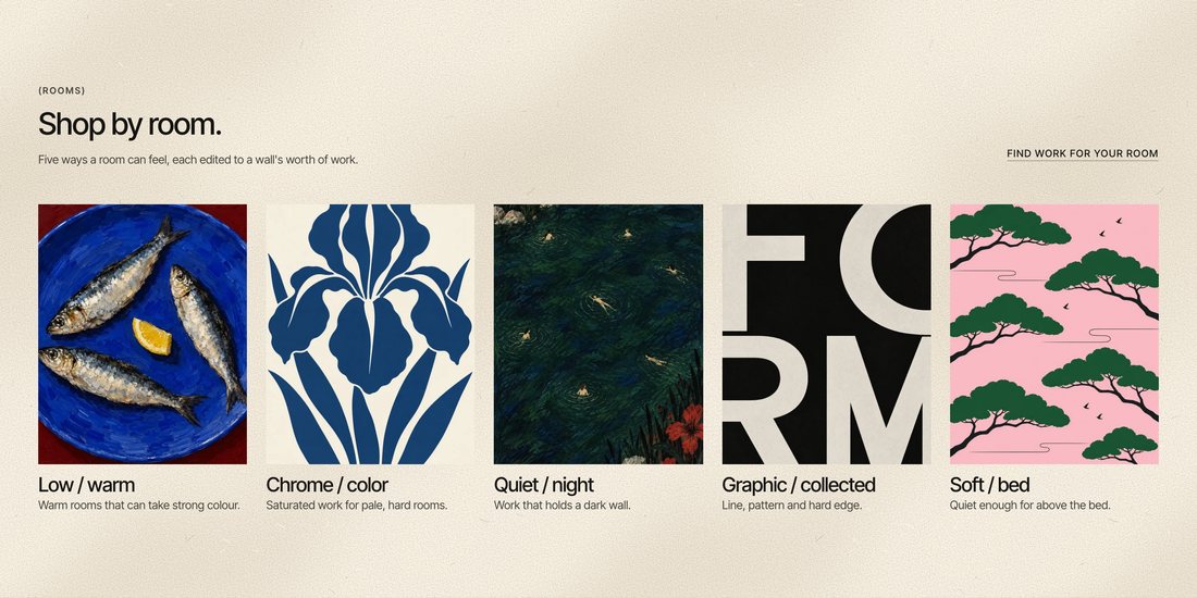 The Shop by room section of the ovrel.co homepage: five works as tiles, labelled Low / warm, Chrome / color, Quiet / night, Graphic / collected and Soft / bed, each with a one-line description of the room it suits.