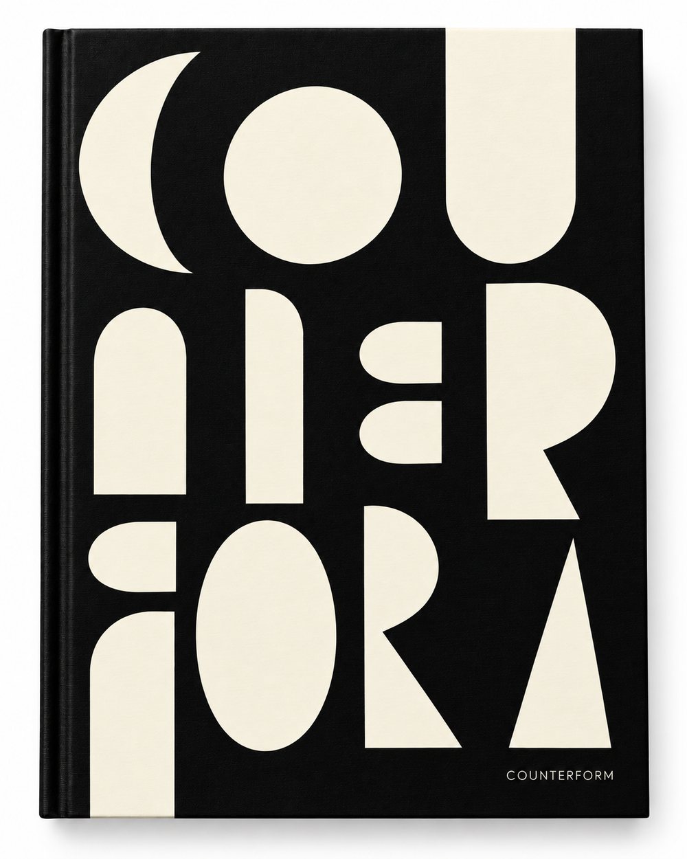 Counterform: a black book cover filled edge to edge with cream geometric letterforms spelling COUNTERFORM, built from arcs, half-rounds and triangles so the shapes between them read as strongly as the letters.