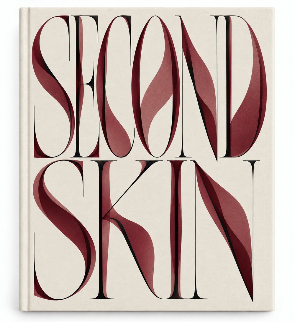 Second Skin: a bone-coloured cover with SECOND SKIN set in a very high-contrast condensed serif, each letter wrapped by a dark red ribbon that folds through and behind the strokes.
