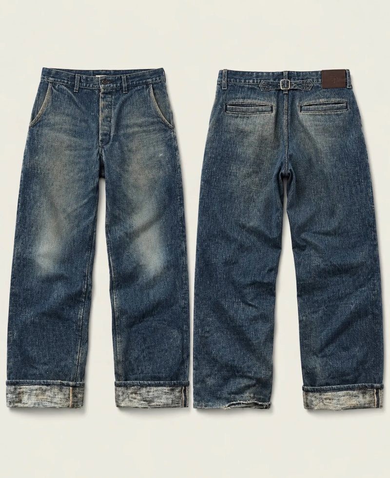 Washed blue jeans shown front and back, with turned selvedge cuffs, a cinch strap and a leather patch at the waistband.