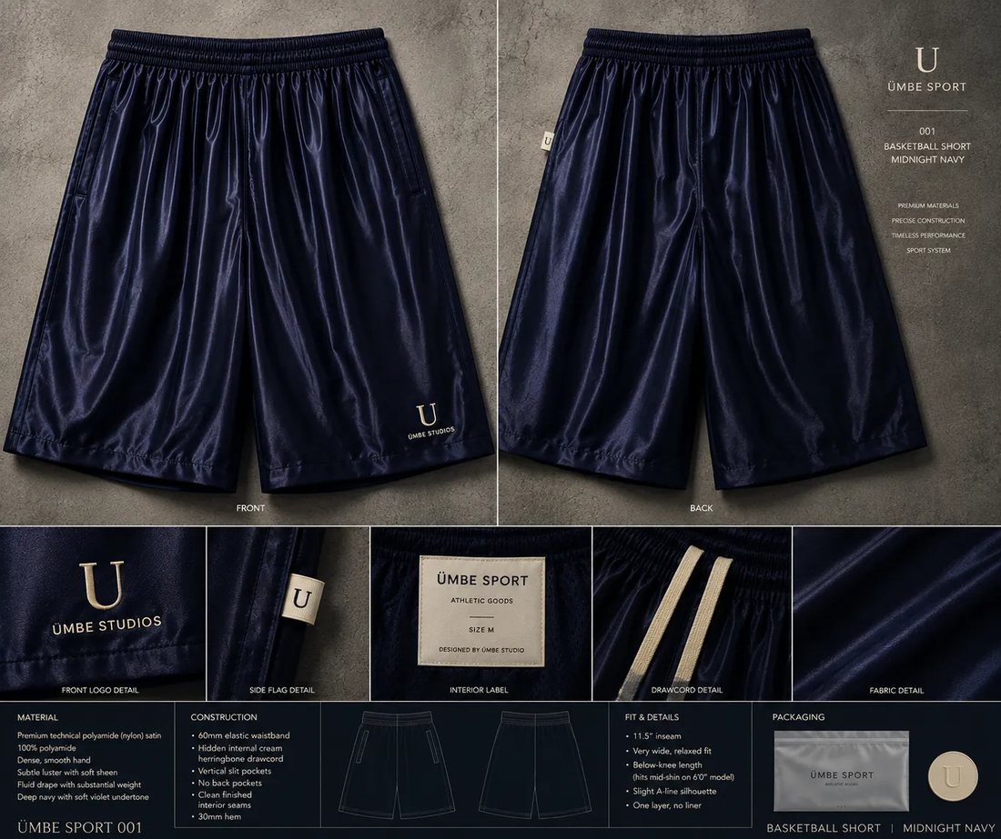 A specification board on a dark ground: the basketball short photographed front and back at the top, then a row of detail panels covering the front logo, a side flag, the interior label, the drawcord and the fabric, with columns of written notes below for material, construction, fit and packaging, and small technical flats of the front and back.