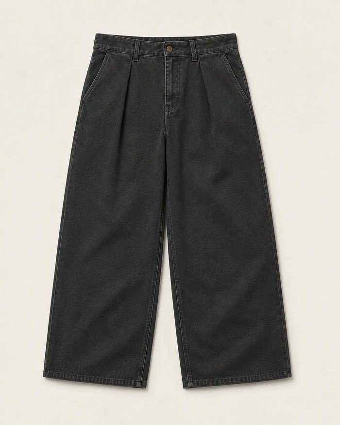 A washed charcoal twill trouser with a single front pleat and a very wide leg.
