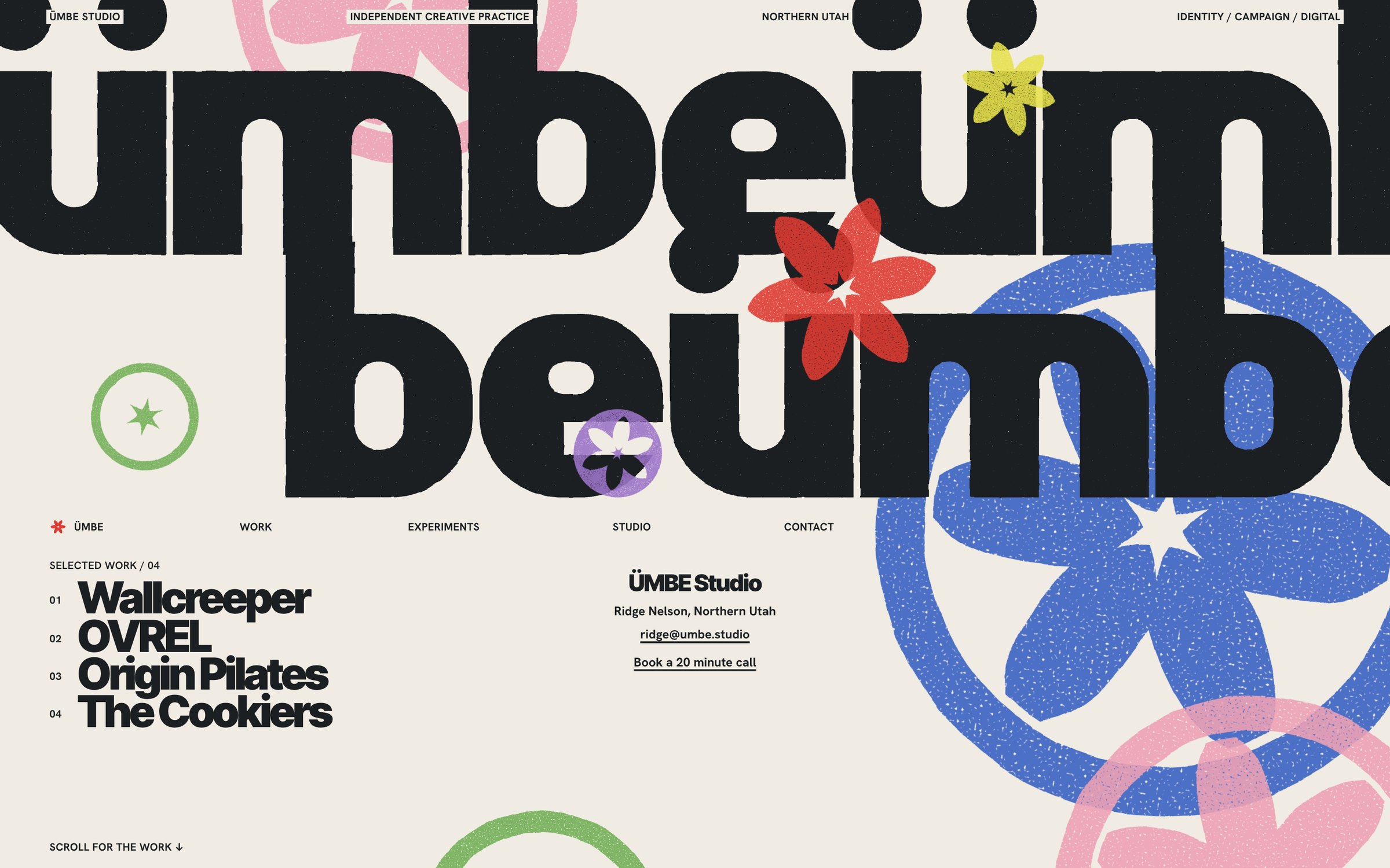 The first screen of umbe.studio: the word ümbe in heavy black lettering run on and broken across two lines, with a large cobalt bloom, a red flower, a violet disc, a green ring and pink shapes printed over it, and a list of four projects underneath.