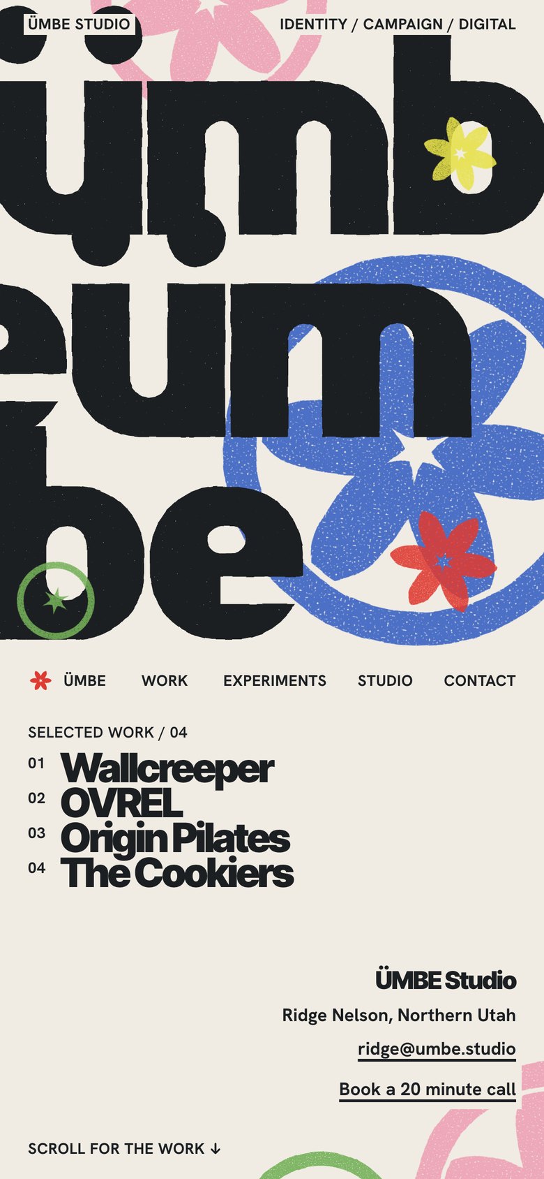 Ümbe on a phone: the word ümbe broken over three lines in heavy black lettering, with a cobalt bloom, a red flower and a green ring printed over it, then the list of four projects.