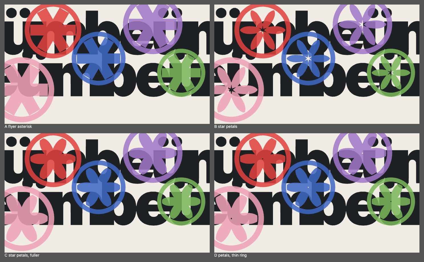 Round two: four proofs of the same lettering with a ring mark in red, blue, violet, green and pink. The centre changes from a flat asterisk to six petals around a small star.