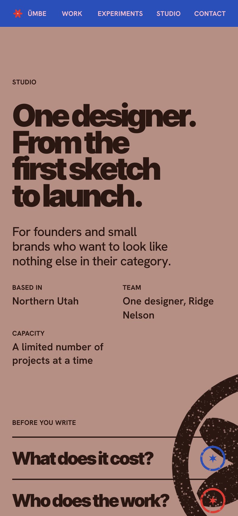 Ümbe on a phone: the studio section on a rose field, with the sentence one designer, from the first sketch to launch, and the start of the questions list.
