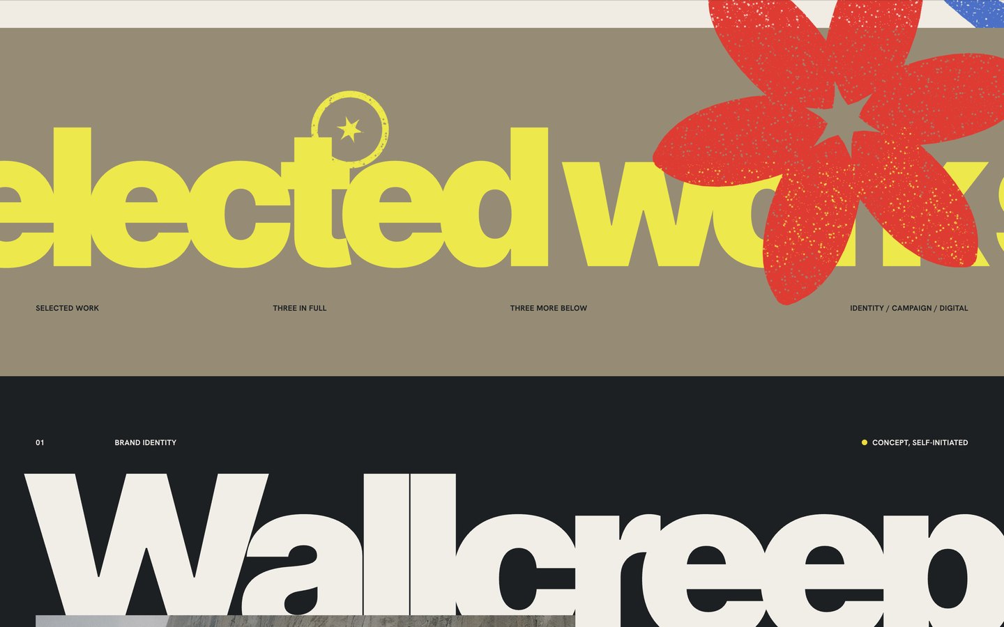 The Ümbe work section: the words selected work in acid yellow on a taupe field with a large red flower over them, then the first project, Wallcreeper, on slate.