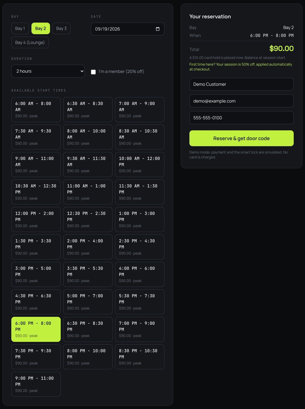 Booking a bay: bay, date and a two-hour duration chosen; a grid of start times that are genuinely free, with 6:00 to 8:00 PM selected; and a reservation summary with a $10 card hold and a Reserve button.