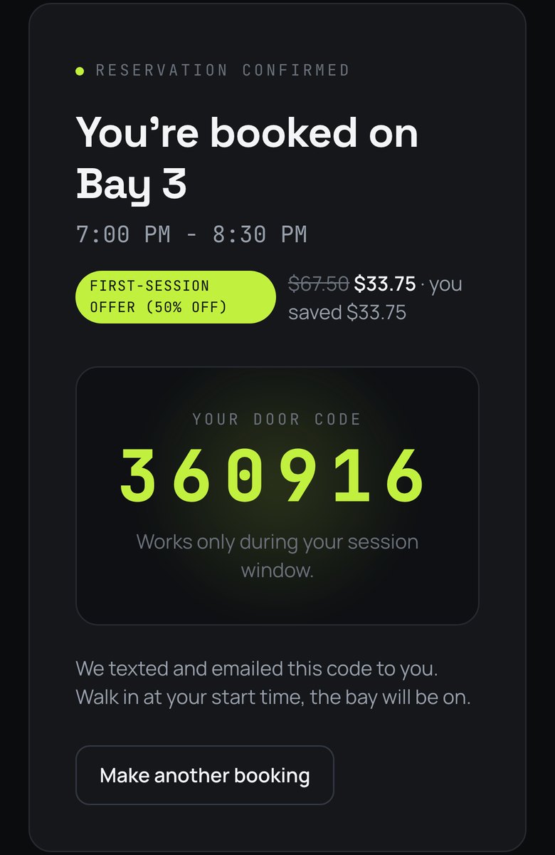 The confirmation on a phone: “You’re booked on Bay 3”, 7:00 to 8:30 PM, a first-session price, and a six-digit door code that works only during the session window.