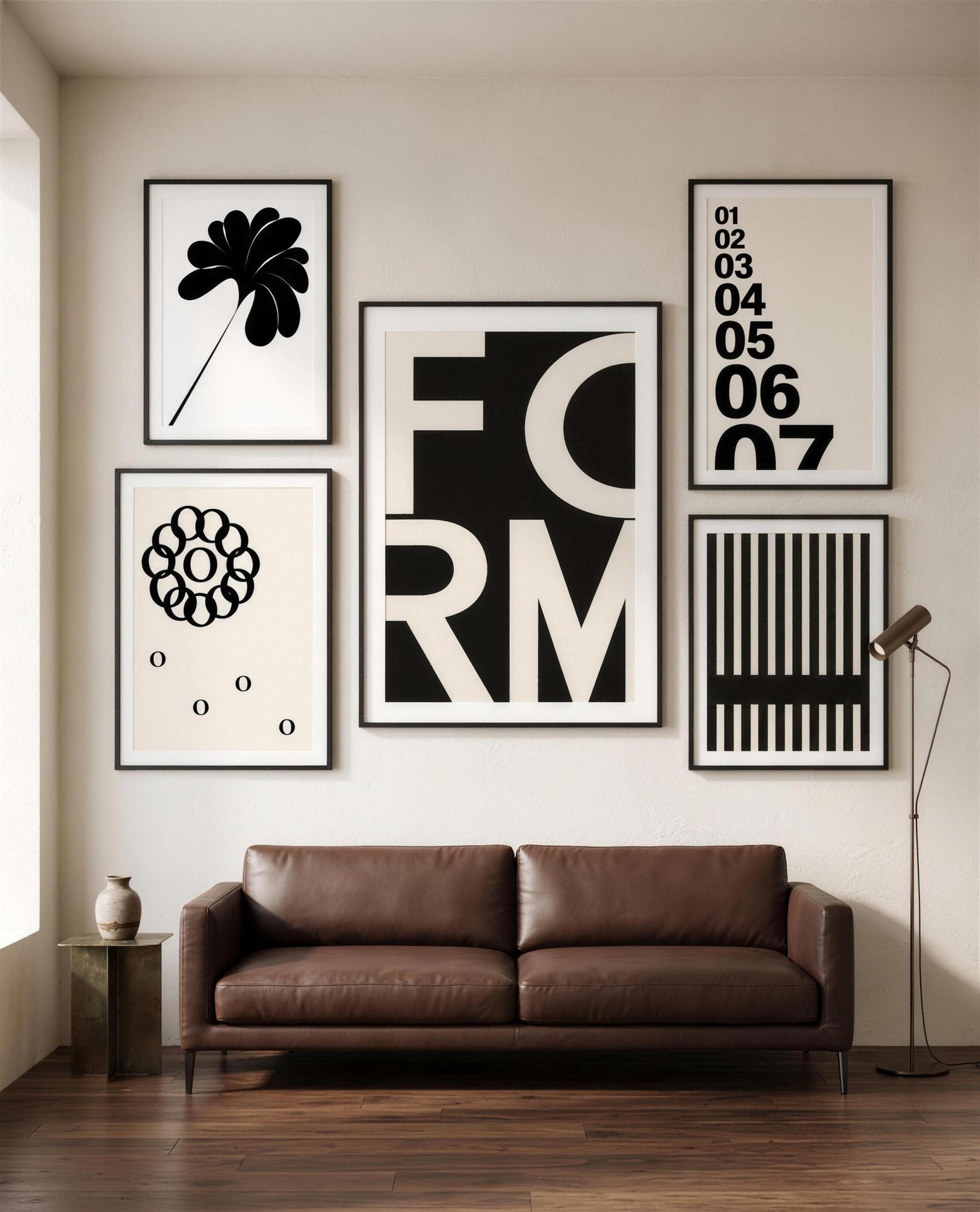 An OVREL launch advertisement: five framed works arranged on one wall above a leather sofa. FORM set in heavy cut letterforms at the centre, a stack of numerals 01 to 07, a ring of overlapping Os, a black flower silhouette, and a field of vertical stripes.
