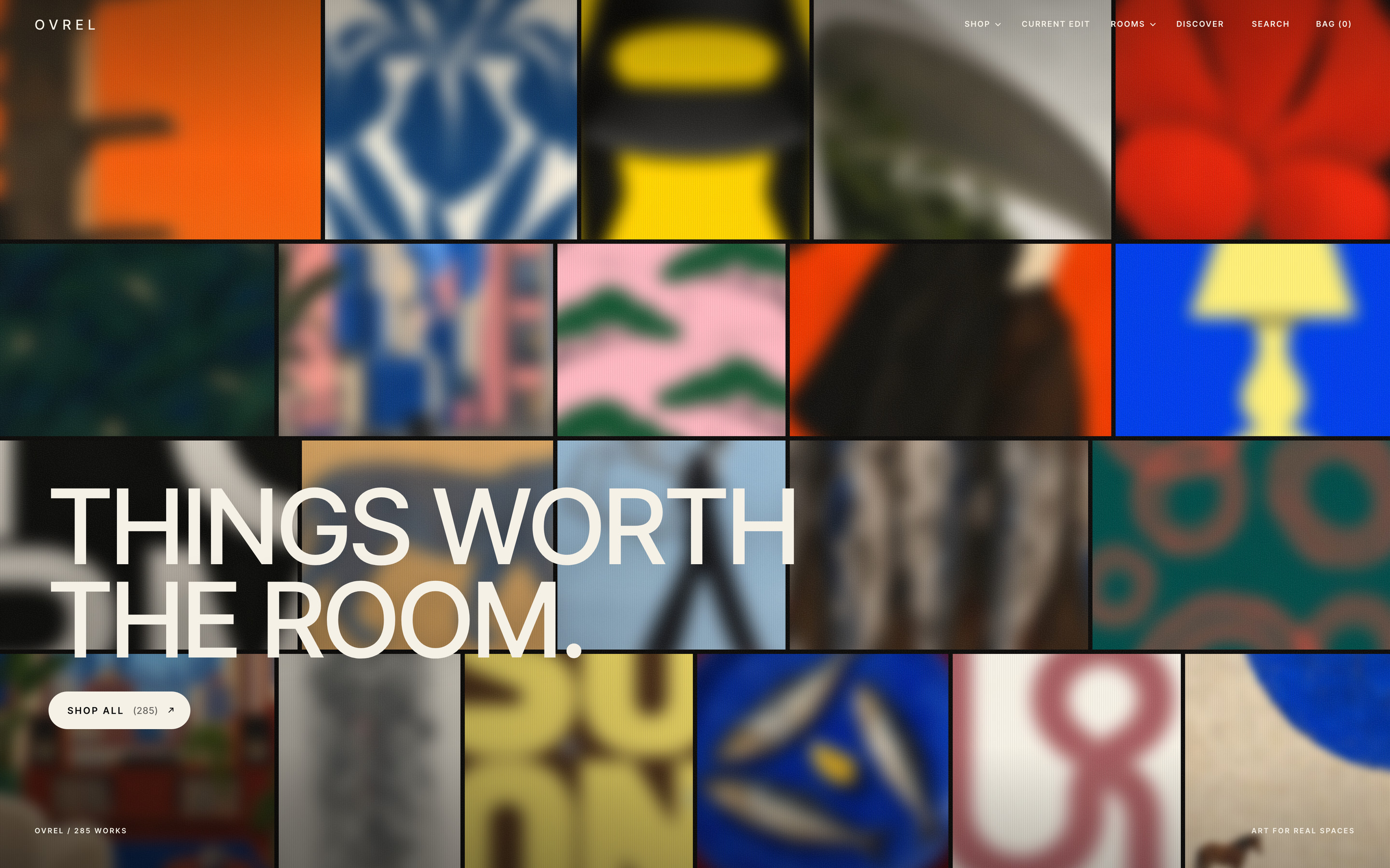 The live ovrel.co homepage: a mosaic of blurred artwork tiles from the collection under “THINGS WORTH THE ROOM.”, with a Shop all (285) button and the line “art for real spaces”.