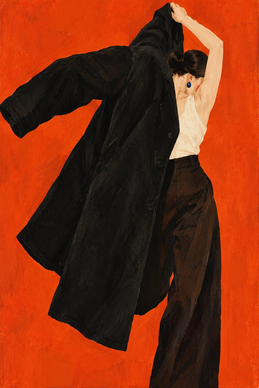 Black Coat, Red Room: a woman in wide black trousers pulls a heavy black coat off over her head against a flat vermilion wall.