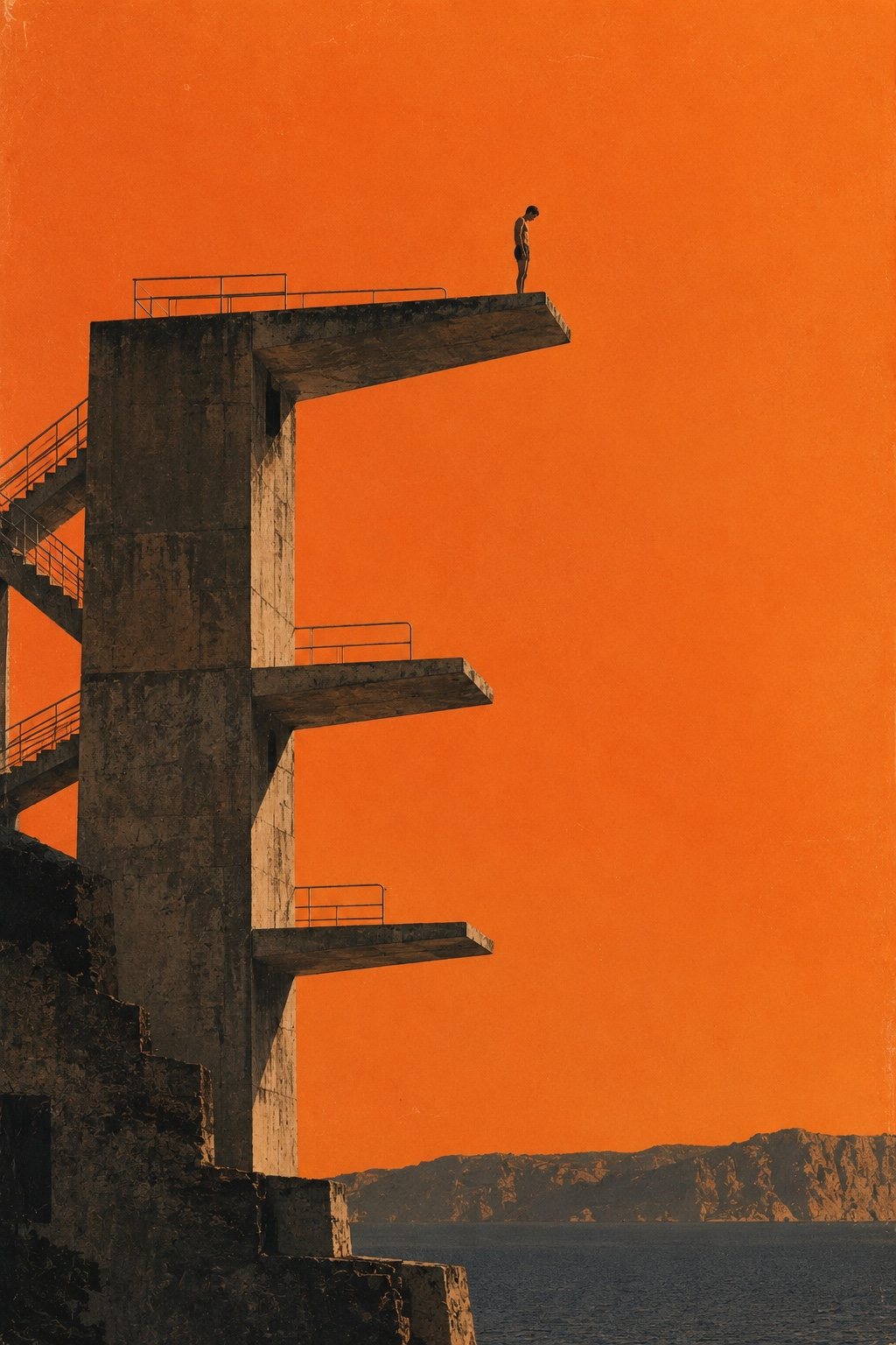 The High Board: a concrete diving tower with three platforms rising from a rocky shore into an orange sky, one small figure standing at the top.