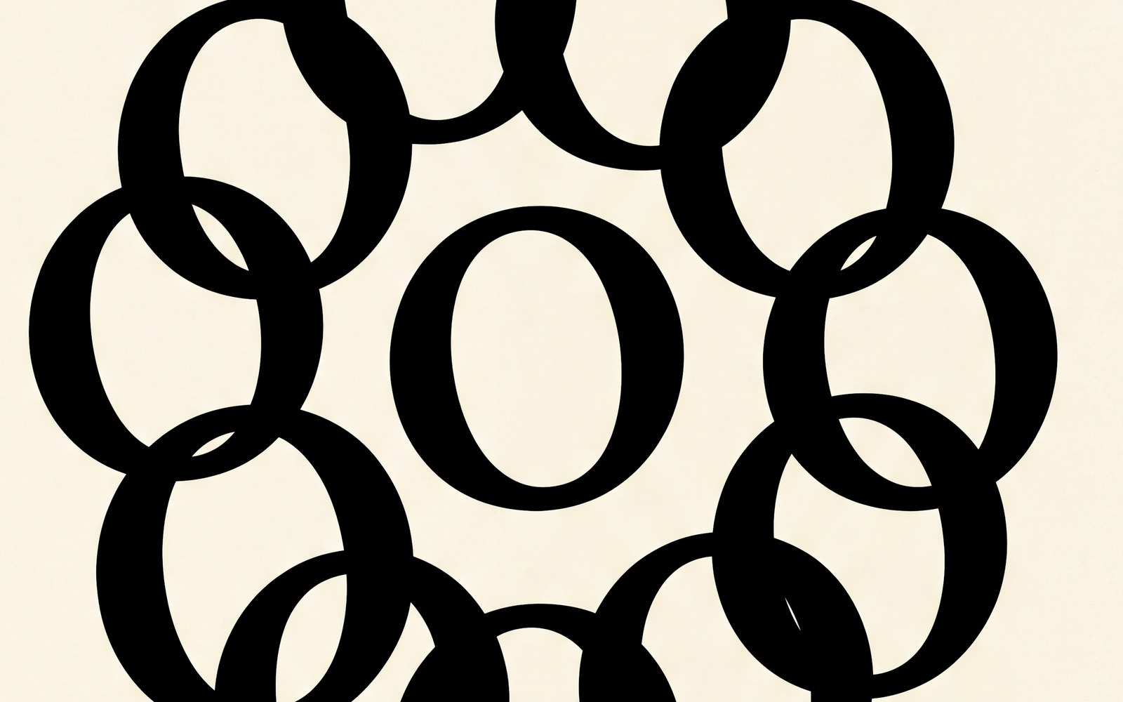 Detail of Type Field 02: a ring of overlapping serif letter Os, black on cream, cropped so each letter is larger than a hand.