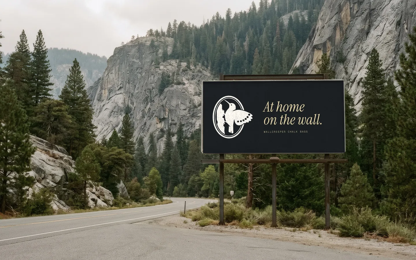 A billboard beside a canyon road among granite cliffs, the seal and At home on the wall on graphite.