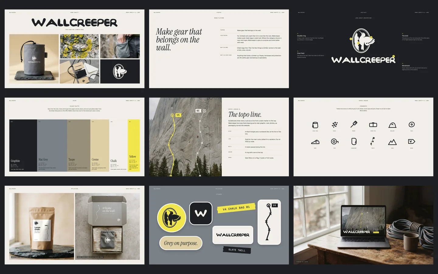 Nine pages of the Wallcreeper brand book: cover, brand platform, lockup architecture, palette, topo line, icons, packaging, stickers and storefront.
