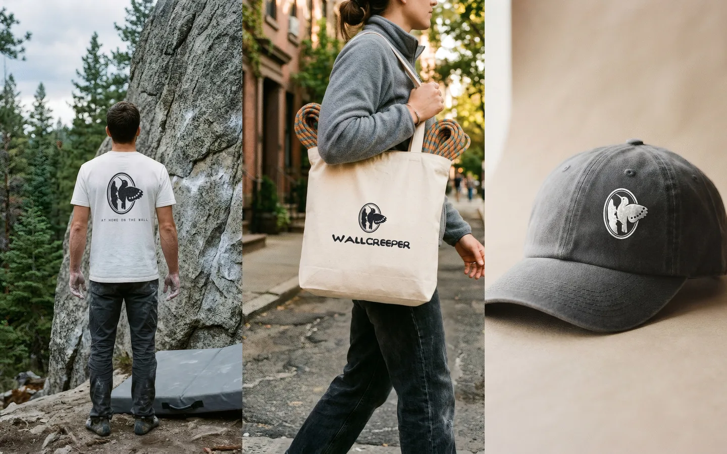 A tee printed on the back, a canvas tote and a graphite cap with the seal embroidered in chalk.