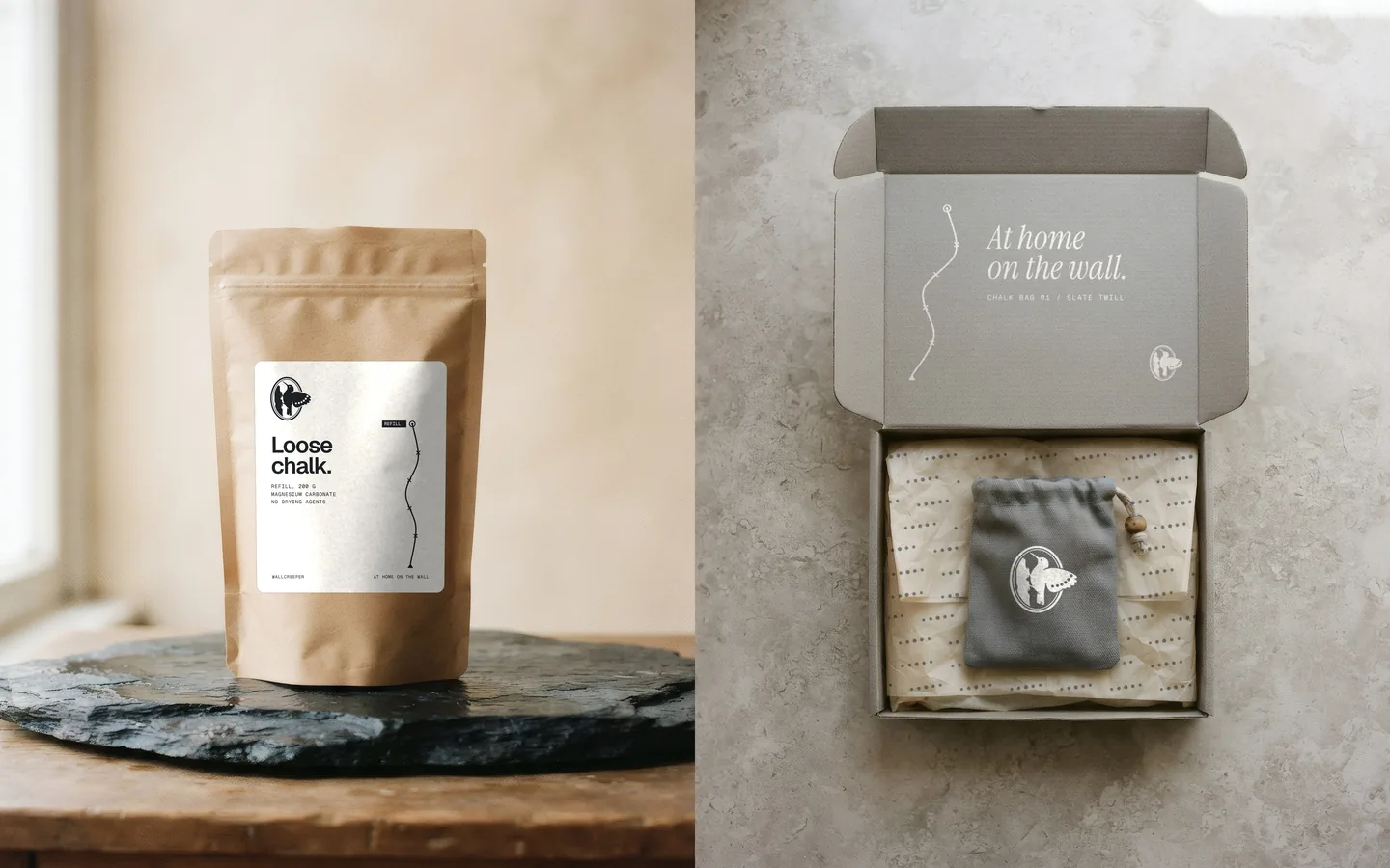 A kraft refill pouch and an open grey mailer printed inside the lid, with five-spot tissue.