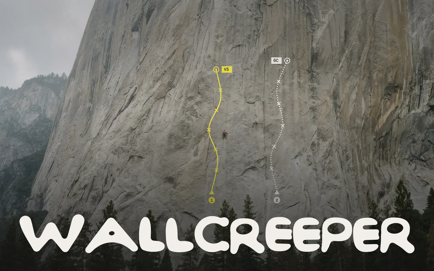 The WALLCREEPER wordmark set large across a granite wall at first light, with two guidebook route lines drawn up the rock in yellow and white.