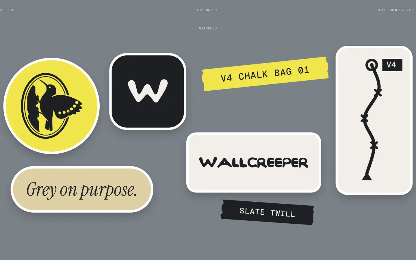 A sheet of die-cut stickers: the seal on yellow, the W monogram, torn tape, a route line and Grey on purpose.