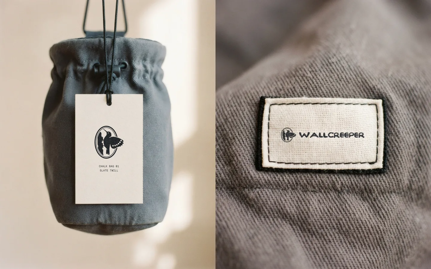 A creme hang tag with the seal on the bag, beside a woven label with the horizontal lockup.