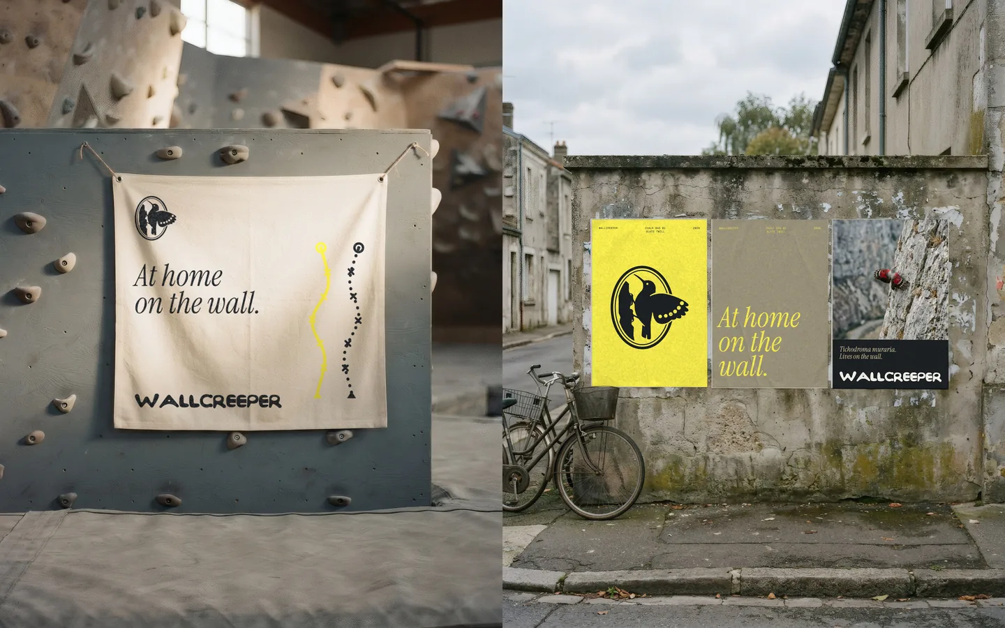 A fabric banner in a bouldering gym and three street posters on a concrete wall.
