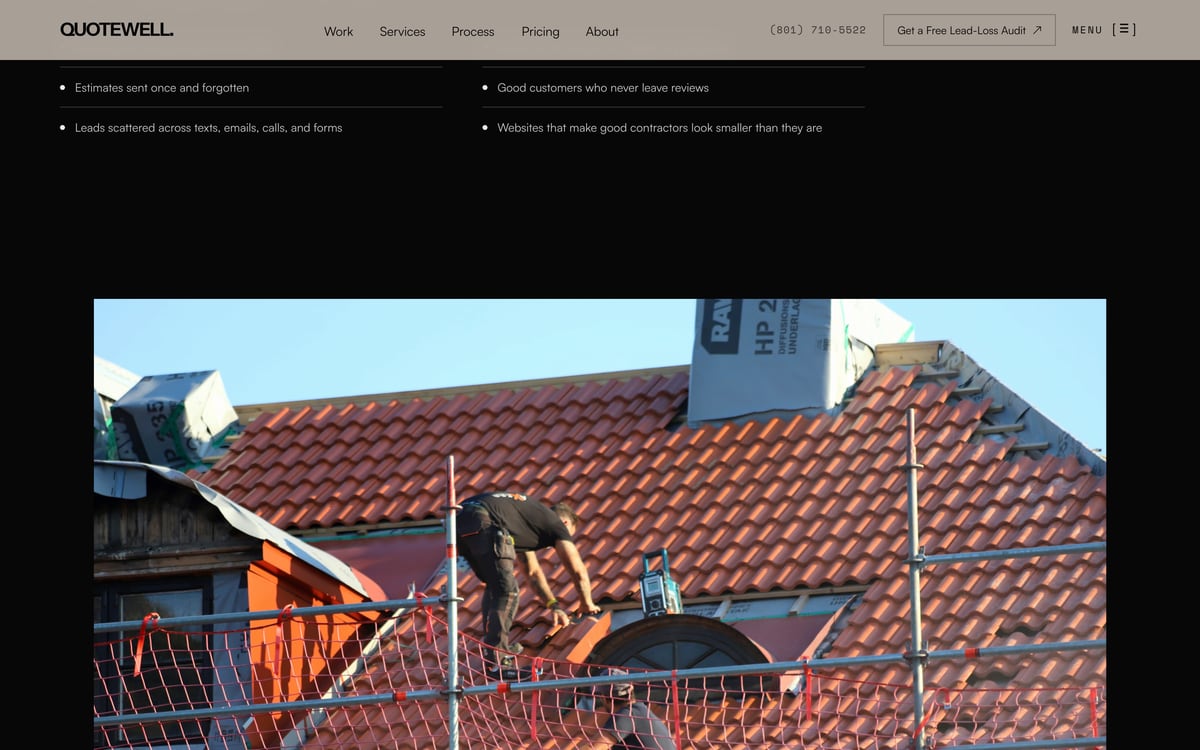 A QuoteWell section listing where contractors lose work (calls missed, leads scattered across texts and forms) beside a photograph of a roofer laying tile on a steep red roof.