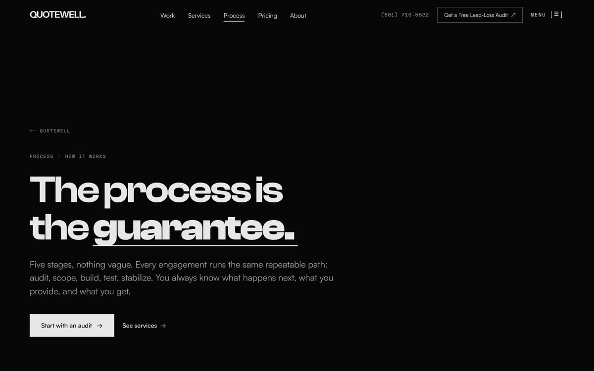 The QuoteWell process page: “The process is the guarantee.” set very large in white on near-black, above a line describing five stages: audit, scope, build, test, stabilize.